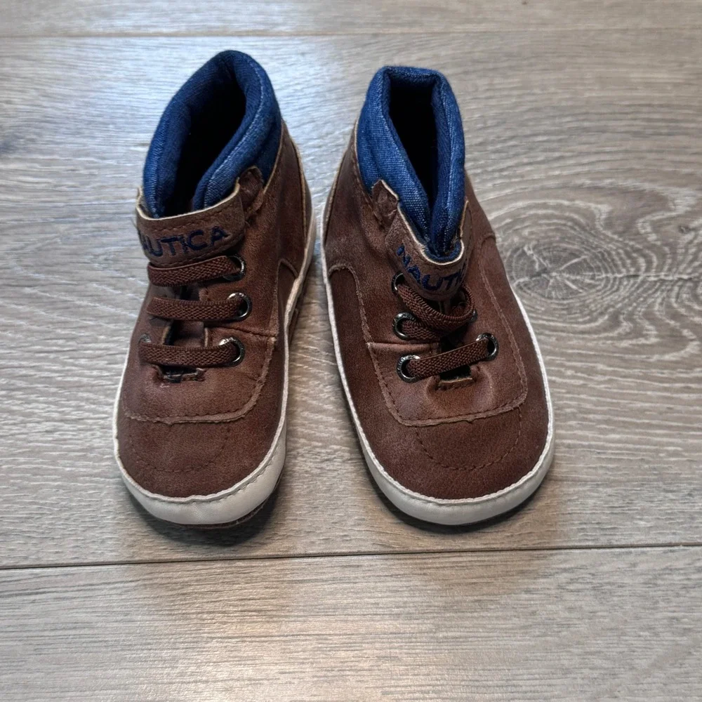 Nautica Tiny Horizon Baby Boy Brown Blue High Top Crib Shoes Sneakers Size 3